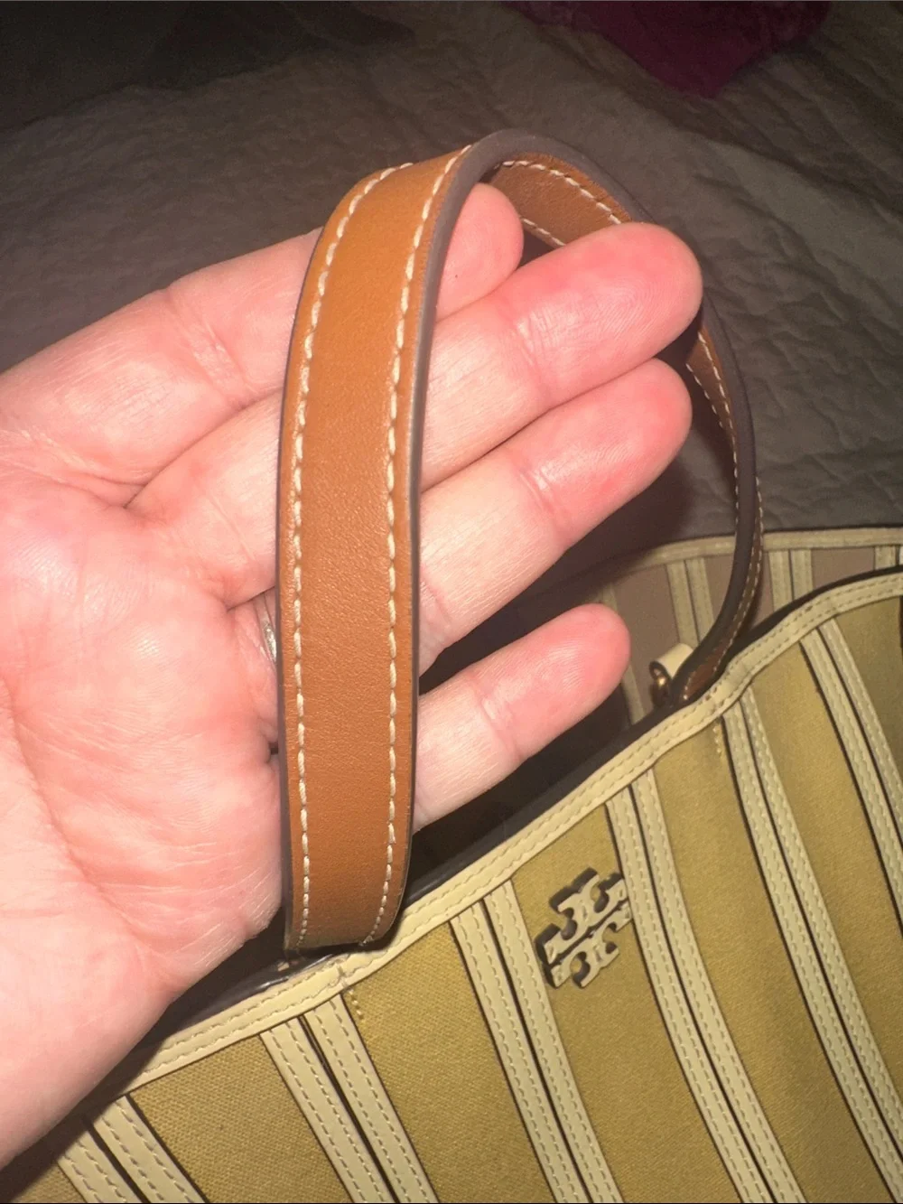 Tory Burch Mustard and Cream Striped Canvas Tote with Brown Handles